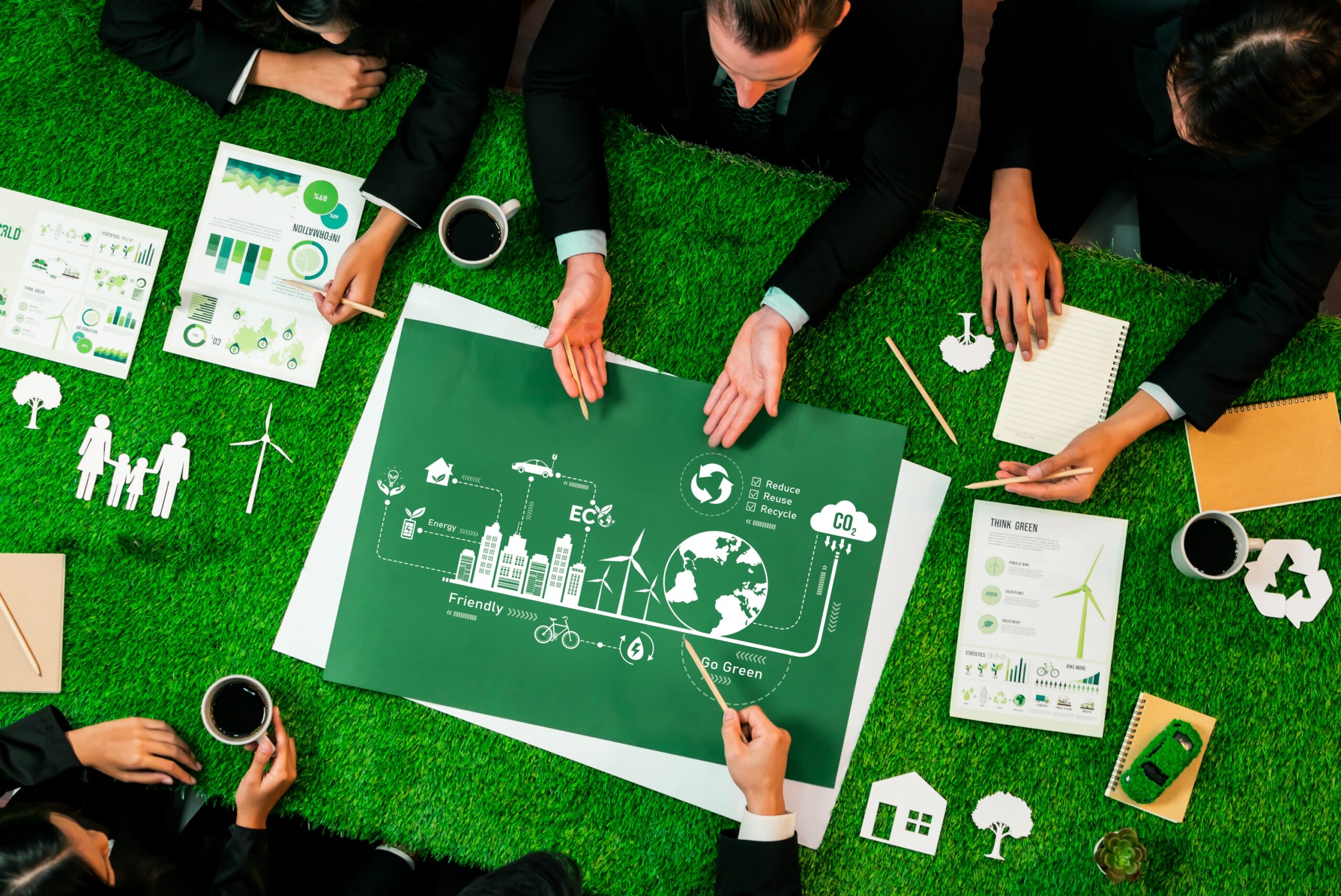 Top view ESG investment project with business leaders in meeting, brainstorm and invest in green project for environmental protection with sustainable net zero and renewable energy technology.Reliance